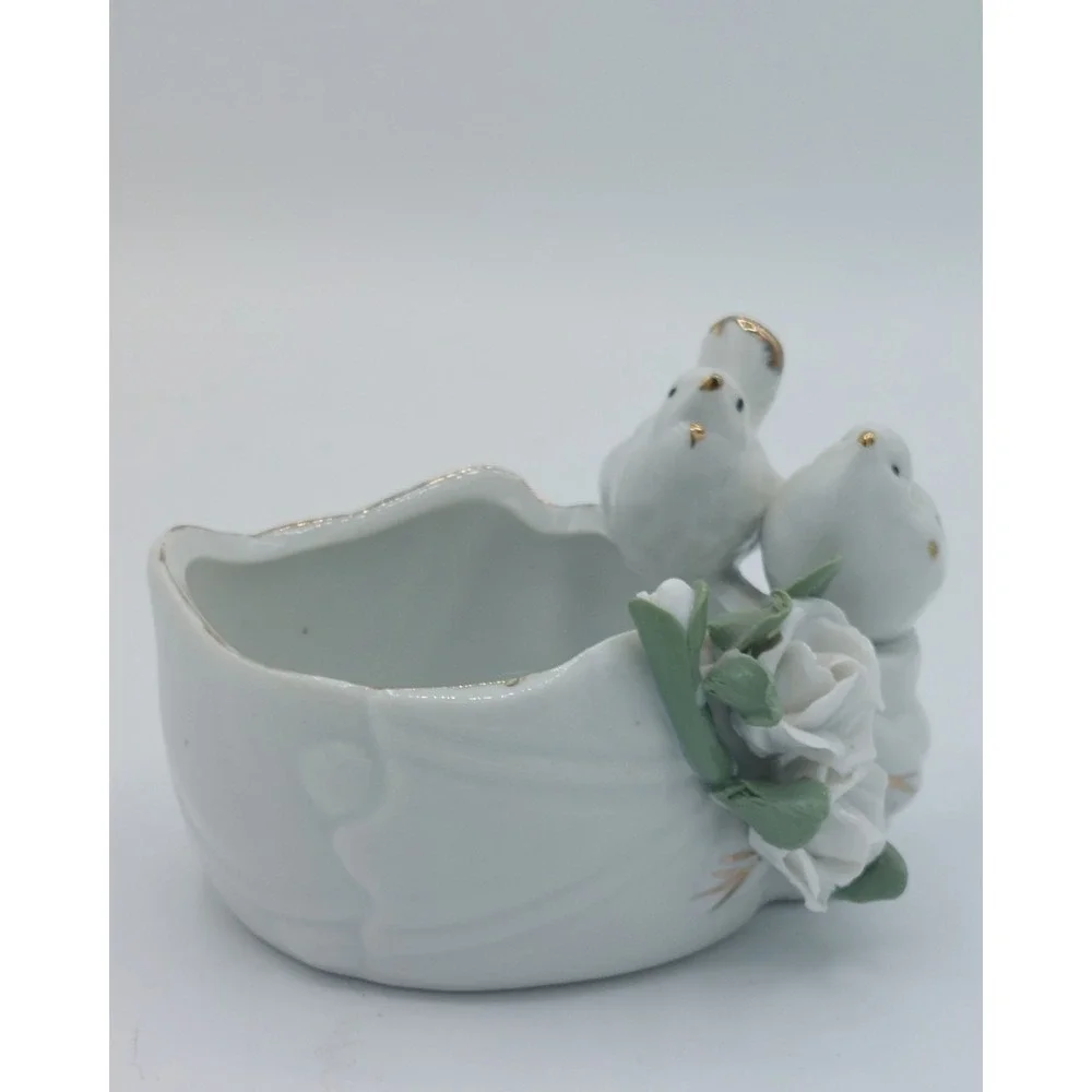 Vtg Porcelain Trinket Dish Planter Dove Birds Raised Flowers White Gold Trim